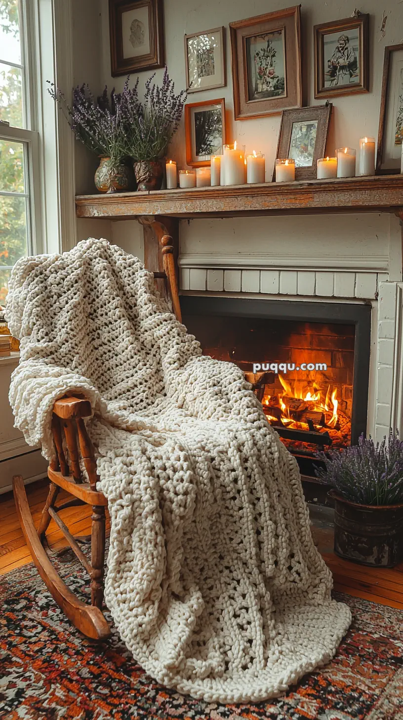 A cozy scene featuring a wooden rocking chair draped with a thick, knitted blanket in front of a lit fireplace. The mantel above the fireplace is adorned with lit candles and vases of lavender, and there are framed artworks on the wall. The setting is inviting, with a warm ambiance enhanced by the natural light from a window and a patterned rug on the floor.