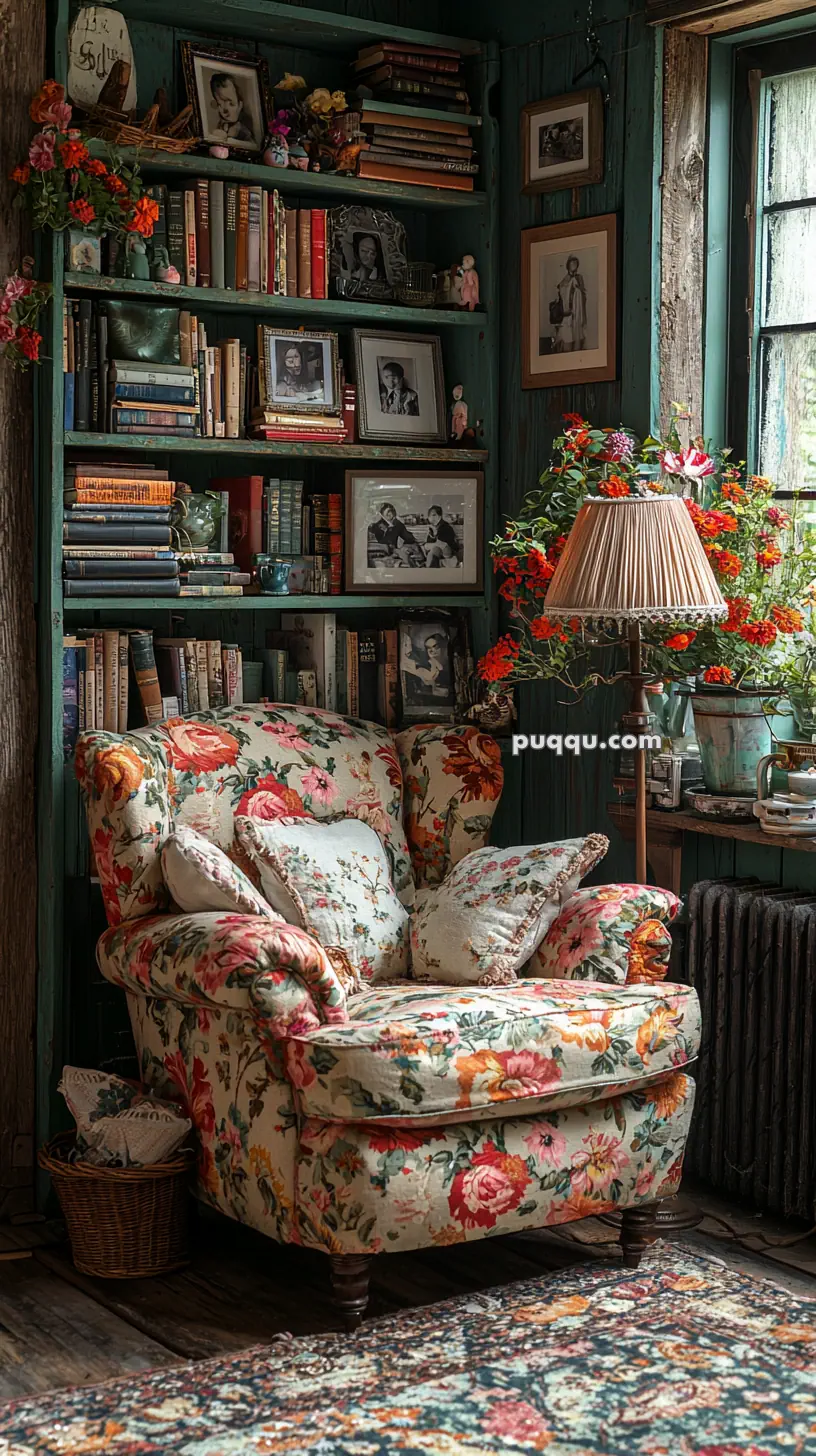 A cozy reading nook with a floral armchair, surrounded by a bookshelf filled with books and framed photographs. A side table holds a lamp and a vase of colorful flowers, all by a rustic window letting in natural light.