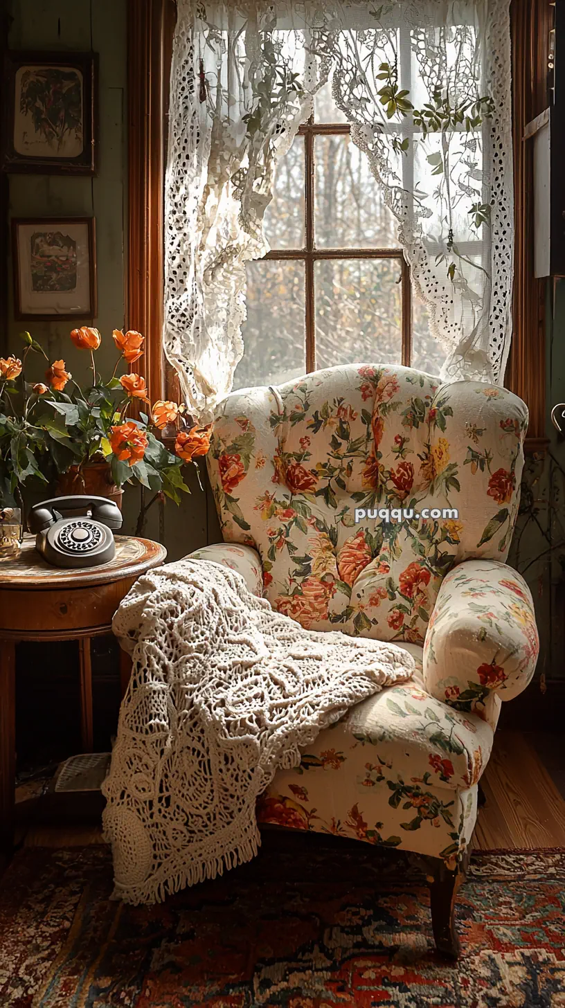 A cozy living room corner featuring a floral-patterned armchair draped with a knitted throw, alongside a wooden table with a rotary phone and a bouquet of orange flowers. The window is adorned with lace curtains, letting in soft sunlight, enhancing the warm and vintage atmosphere.