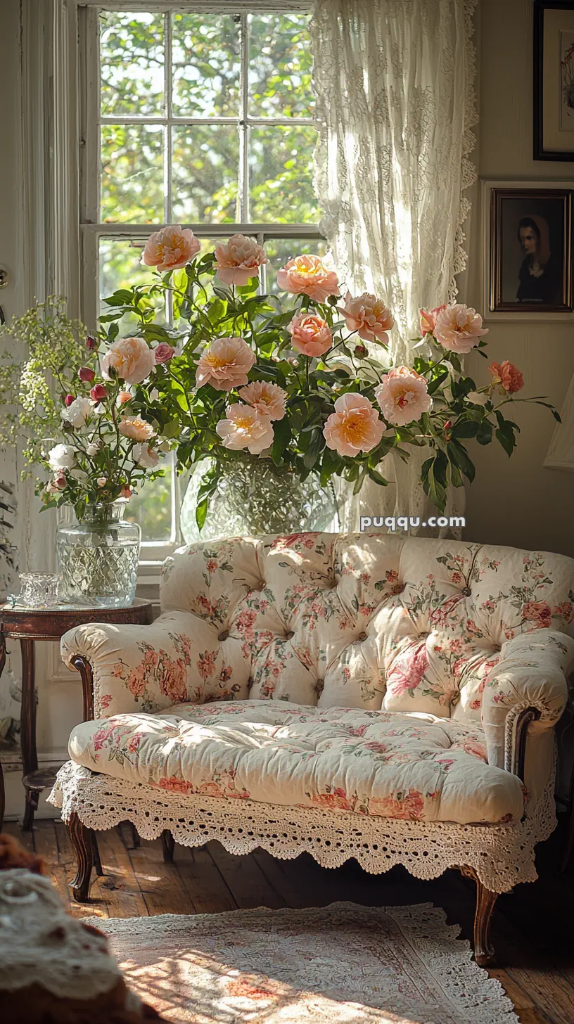 A cozy living room with a floral-patterned sofa adorned with lace, in front of a sunny window with sheer lace curtains. A large bouquet of pink and white flowers is placed in a glass vase on an adjacent wooden table, illuminated by natural light.