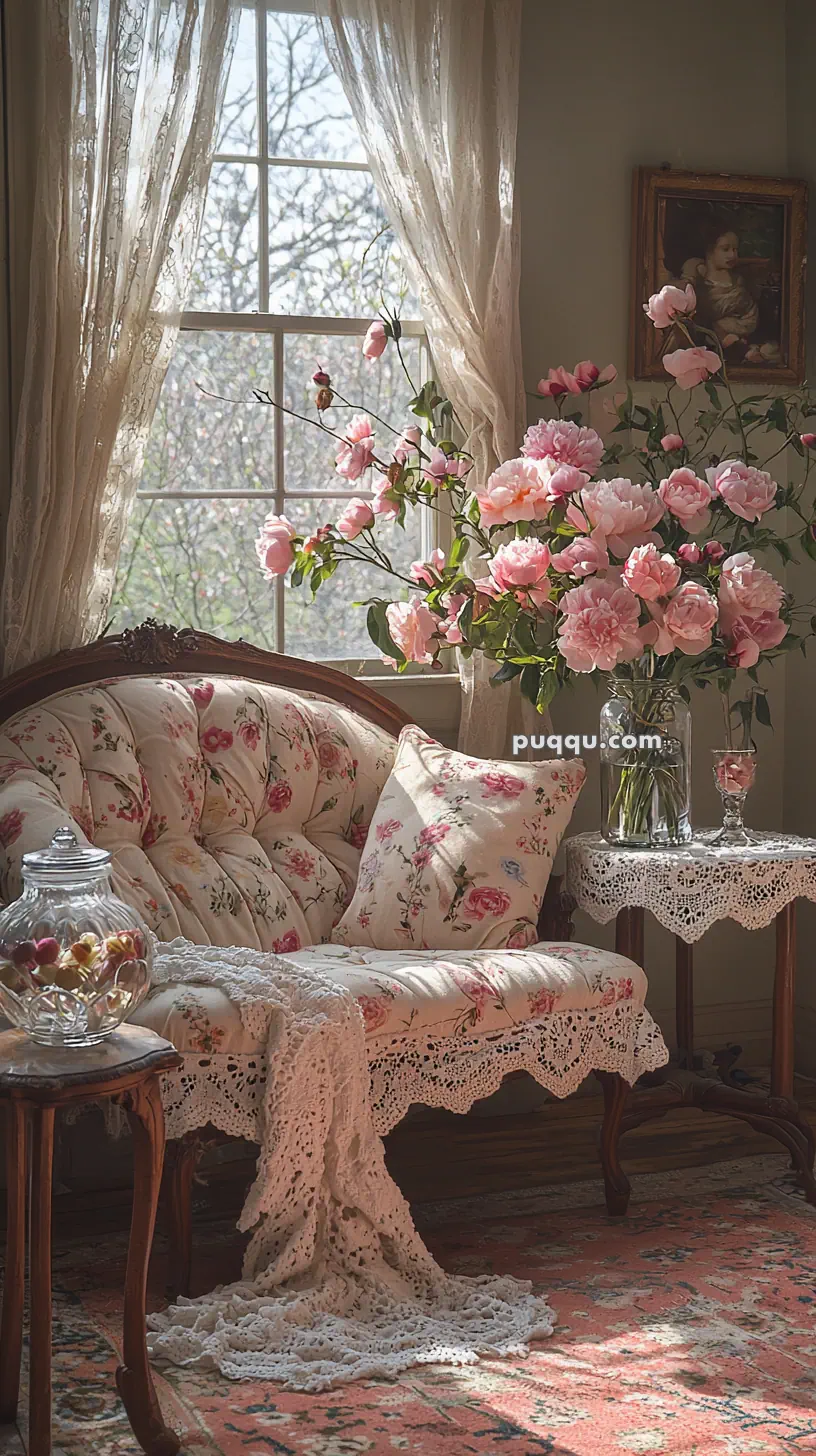 A cozy vintage living room corner featuring a floral-patterned couch with lace trim, a lace-covered side table with a vase of pink peonies, and a jar of decorative items, all set near a window with sheer curtains that let in natural light.