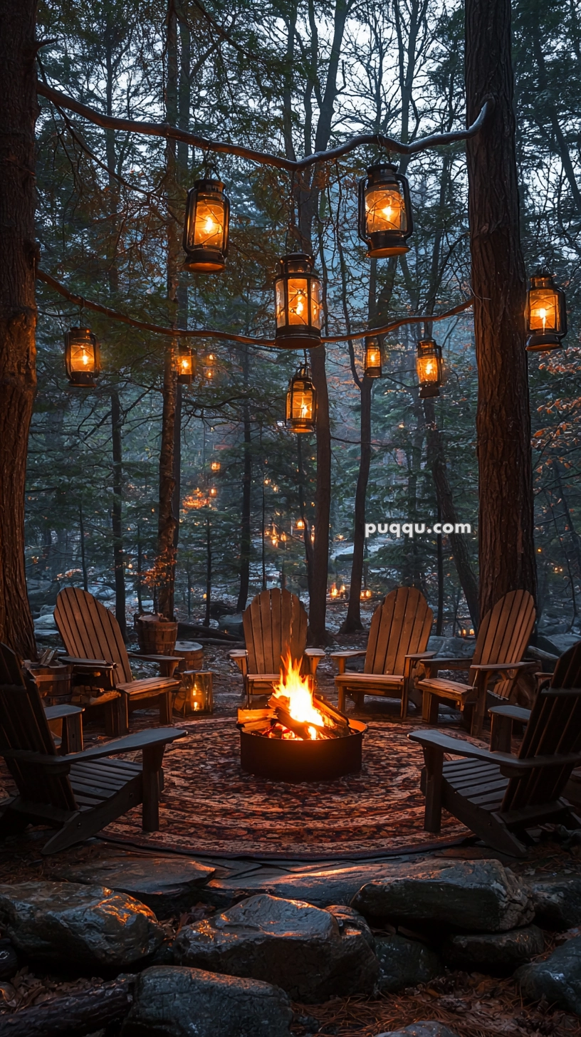 A cozy forest setting with a circle of Adirondack chairs around a crackling fire pit, surrounded by hanging lanterns illuminating the trees.