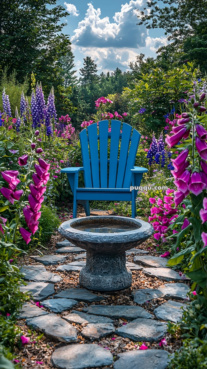 A vibrant garden scene with a blue Adirondack chair surrounded by lush, colorful flowers including purple and pink blooms. A stone bird bath sits in the foreground on a stone pathway, while green trees and a partly cloudy sky provide a picturesque backdrop.