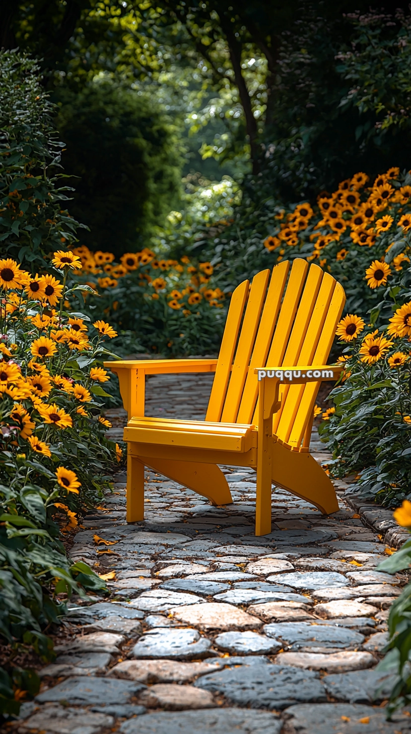 A vibrant yellow Adirondack chair placed on a cobblestone path, surrounded by lush greenery and bright orange flowers in a garden setting.