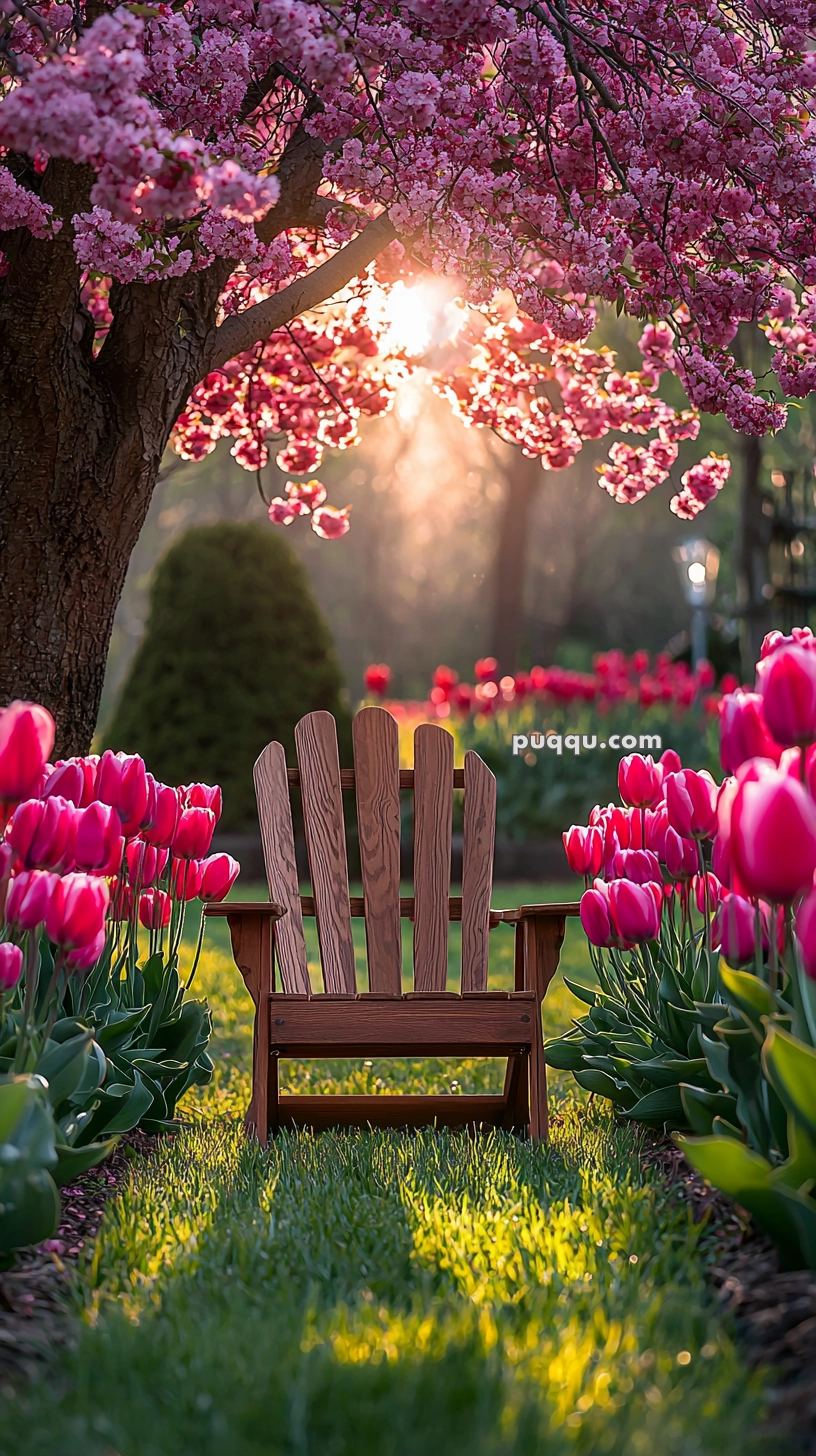 A wooden chair sits in a garden path flanked by vibrant pink tulips, with a tree overhead adorned with pink blossoms and sunlight filtering through the branches.