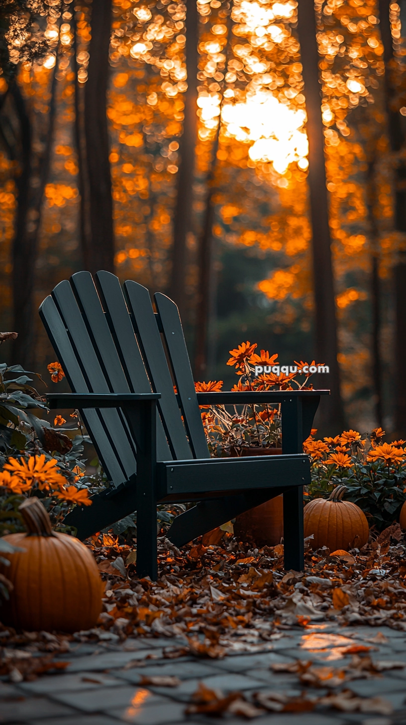 A dark wooden Adirondack chair surrounded by fallen autumn leaves and orange flowers, with pumpkins nearby, set against a blurred background of sunlit, orange-toned forest trees.