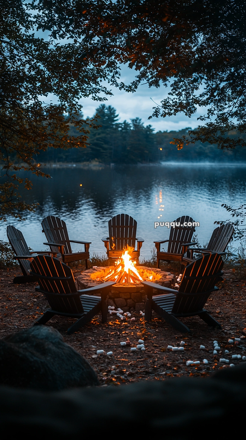 A cozy campfire surrounded by six Adirondack chairs, overlooking a peaceful lake with trees in the background and marshmallows scattered around the fire pit.