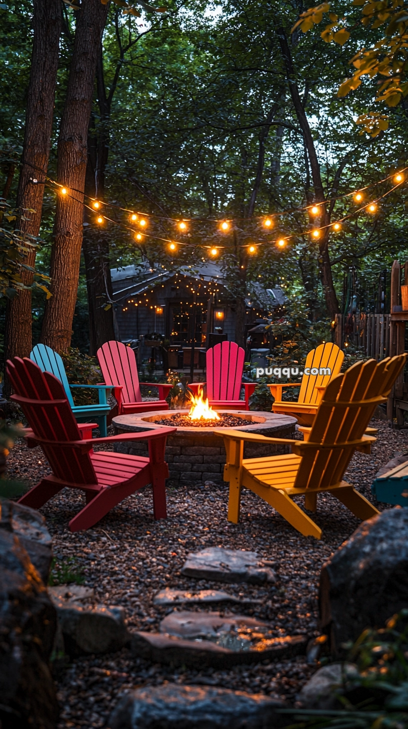 A cozy outdoor setting with colorful Adirondack chairs in red, yellow, and blue arranged around a fire pit on a pebbled surface, surrounded by trees with string lights overhead.