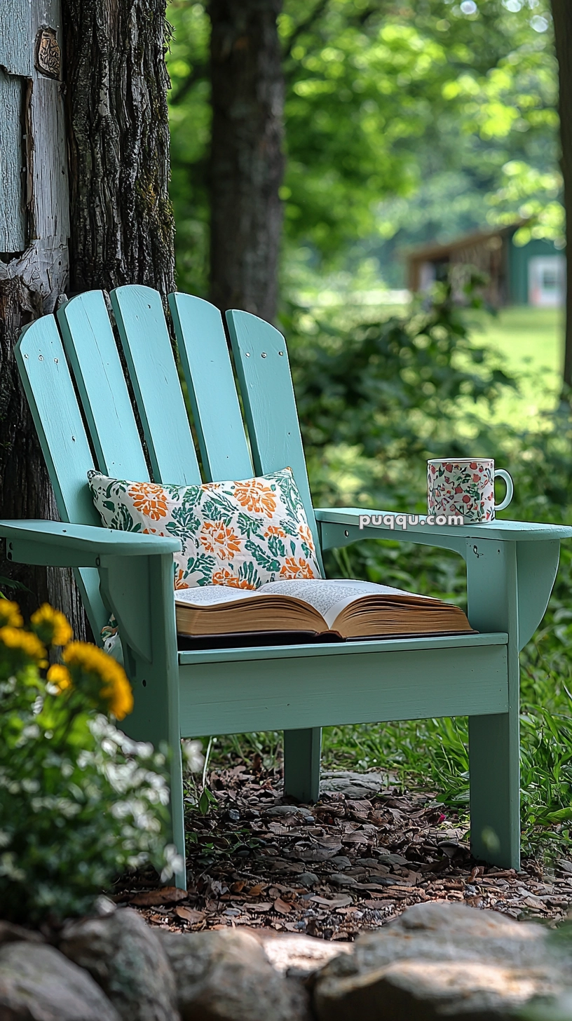 A light blue Adirondack chair with a floral cushion and an open book on the seat, placed outdoors in a leafy garden setting with a floral mug on the armrest.