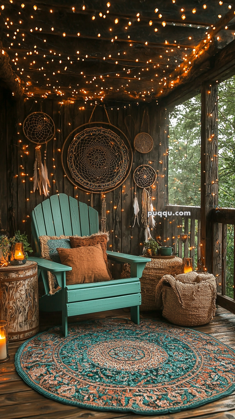 A cozy outdoor seating area featuring a teal wooden chair with decorative pillows, surrounded by dreamcatchers on a wall and warm string lights. There is a round patterned rug under the chair, a side table with a lit candle, and a woven basket nearby. The setting is rustic with a view of greenery outside.