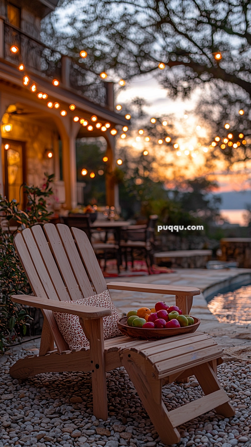 A wooden lounge chair with a patterned cushion and a bowl of colorful fruits on it, set on a pebble patio next to a pool. String lights hang overhead, creating a warm, evening ambiance.