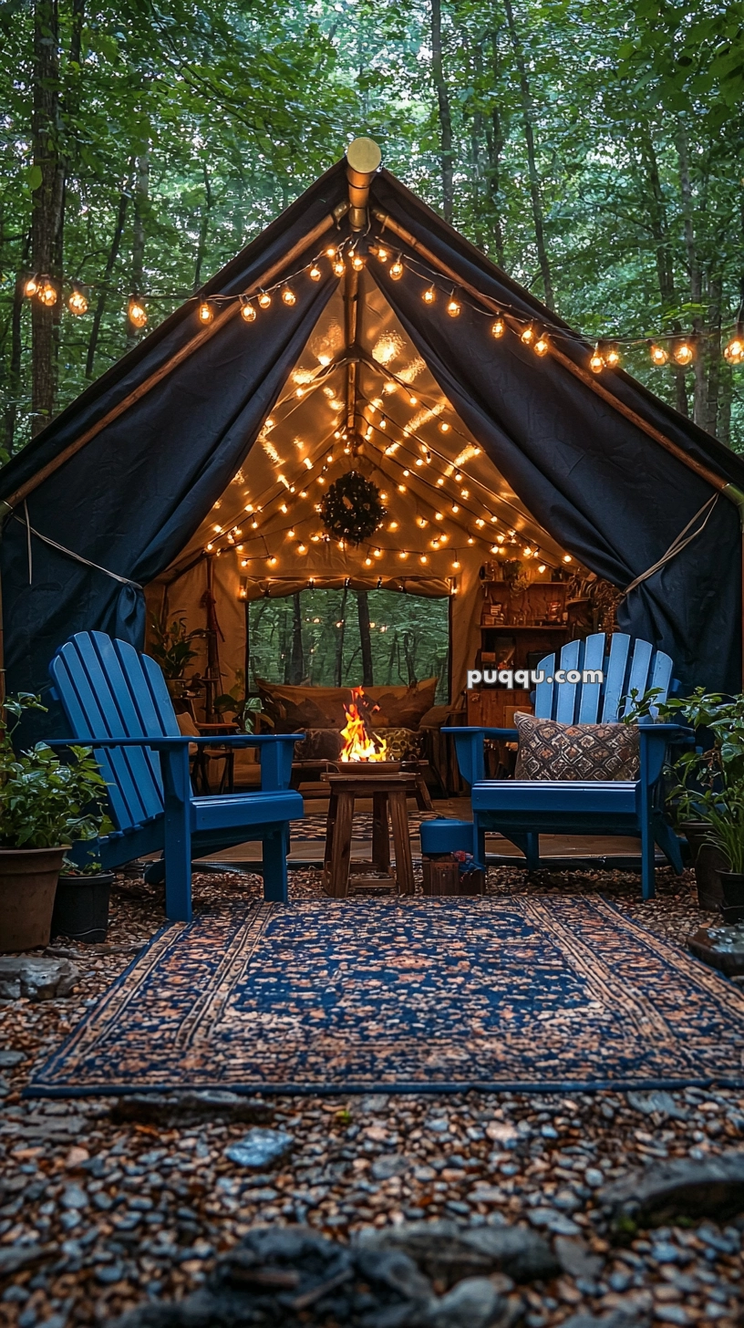 Cozy outdoor setup with a tent illuminated by string lights, featuring two blue Adirondack chairs, a small fire pit, and a decorative rug in a forest setting.