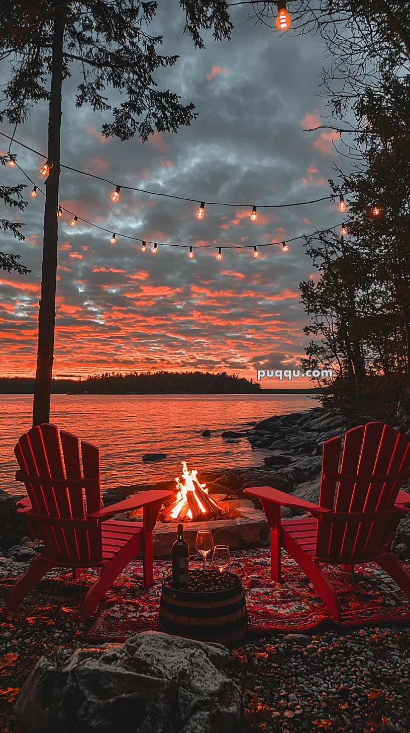 Two red Adirondack chairs face a campfire on the shore of a lake, with a dramatically cloudy sunset sky in the background. String lights hang above, adding a warm glow to the scene. A small table holds a bottle of wine and two glasses, set on a textured rug.