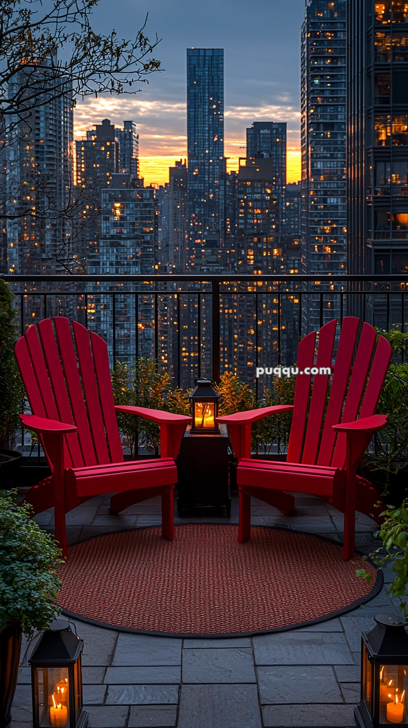 Two red Adirondack chairs on a patio overlook a city skyline at sunset, with lit lanterns creating a cozy atmosphere.