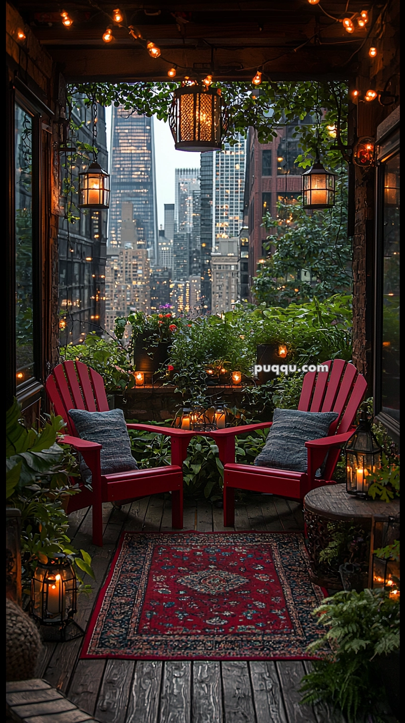 A cozy balcony decorated with string lights, lanterns, and plants, featuring two red chairs with cushions and a small table. The setting overlooks a cityscape with tall skyscrapers in the background.