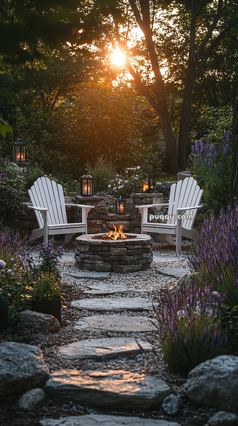A cozy outdoor setting featuring two white Adirondack chairs around a stone fire pit, surrounded by lush greenery and lit lanterns, with the sun setting through the trees in the background.