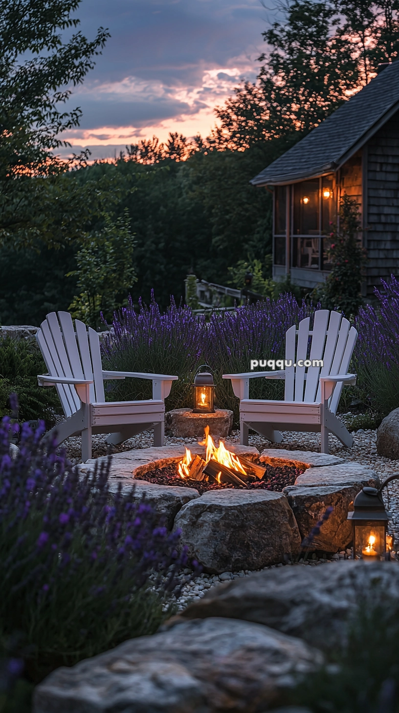 Two white Adirondack chairs are positioned around a stone fire pit with a small fire burning inside. Lanterns with glowing lights are placed near the chairs. The area is surrounded by lavender plants, and a cabin with lit windows is visible in the background, under a partially cloudy sky at sunset.