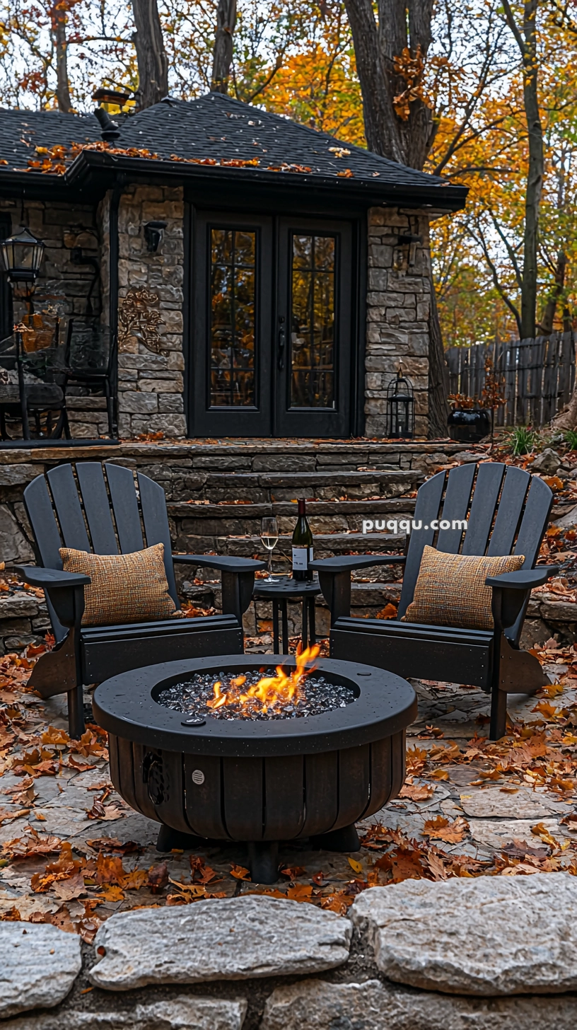 Two Adirondack chairs with cushions are positioned around a burning fire pit on a stone patio, with a stone house in the background surrounded by autumn foliage. A small table between the chairs holds a wine bottle and glasses.