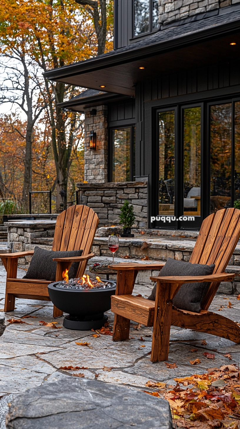 Two wooden Adirondack chairs with cushions are positioned by a round fire pit on a stone patio in a wooded area with autumn foliage. A glass of red wine rests on a small table beside one of the chairs, and a modern house with stone and dark wood accents is visible in the background.