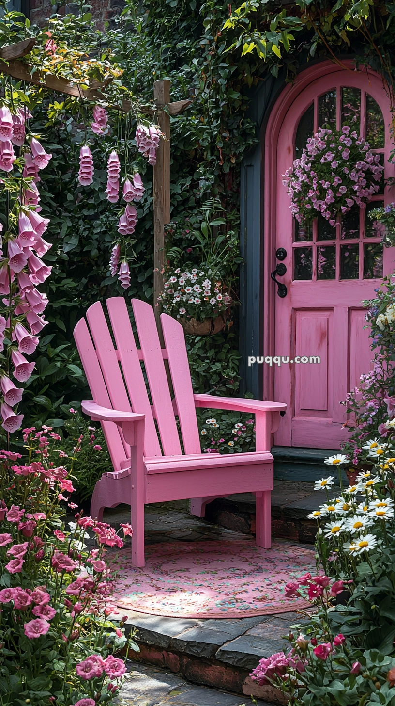 A vibrant garden scene featuring a pink wooden chair on a stone pathway, surrounded by blooming pink and white flowers, with a pink door in the background covered in climbers and hanging floral arrangements.