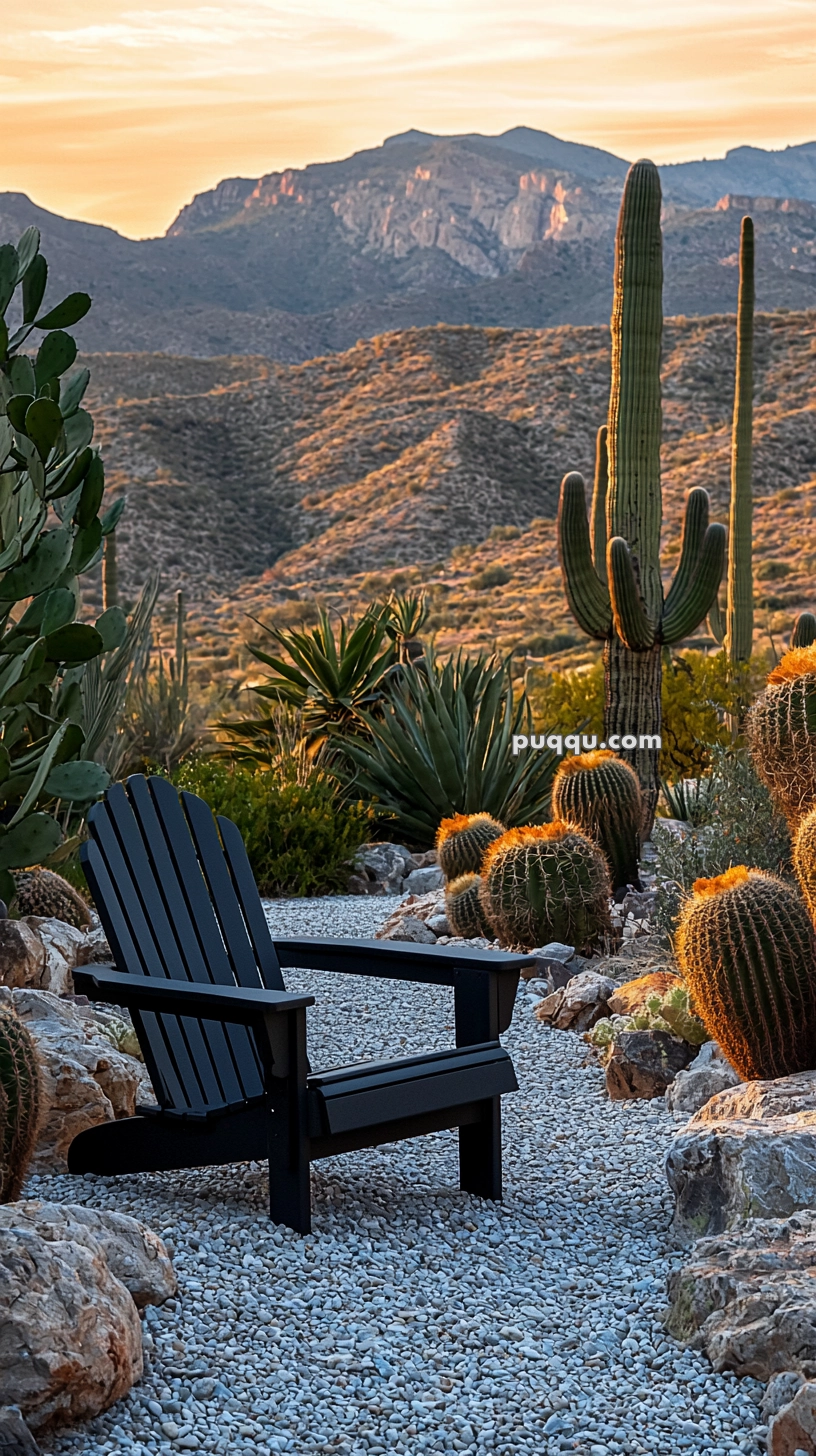 A black Adirondack chair sits on a gravel path surrounded by cacti and desert plants, with a mountainous landscape in the background under a sunset sky.