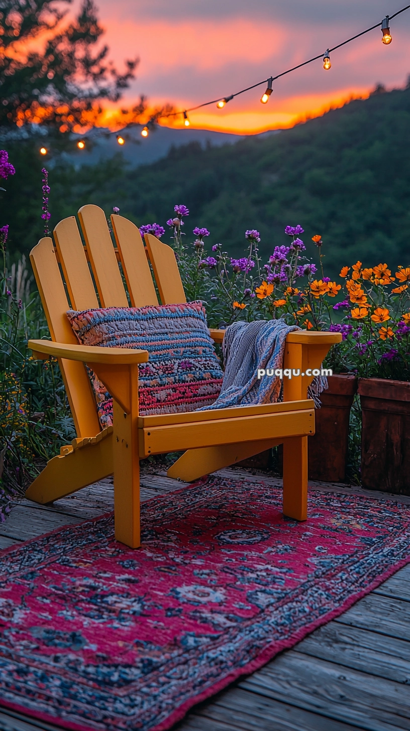 A yellow Adirondack chair with colorful pillows and a blanket sits on a wooden deck, surrounded by purple and orange flowers, under string lights with a sunset and lush green hills in the background.