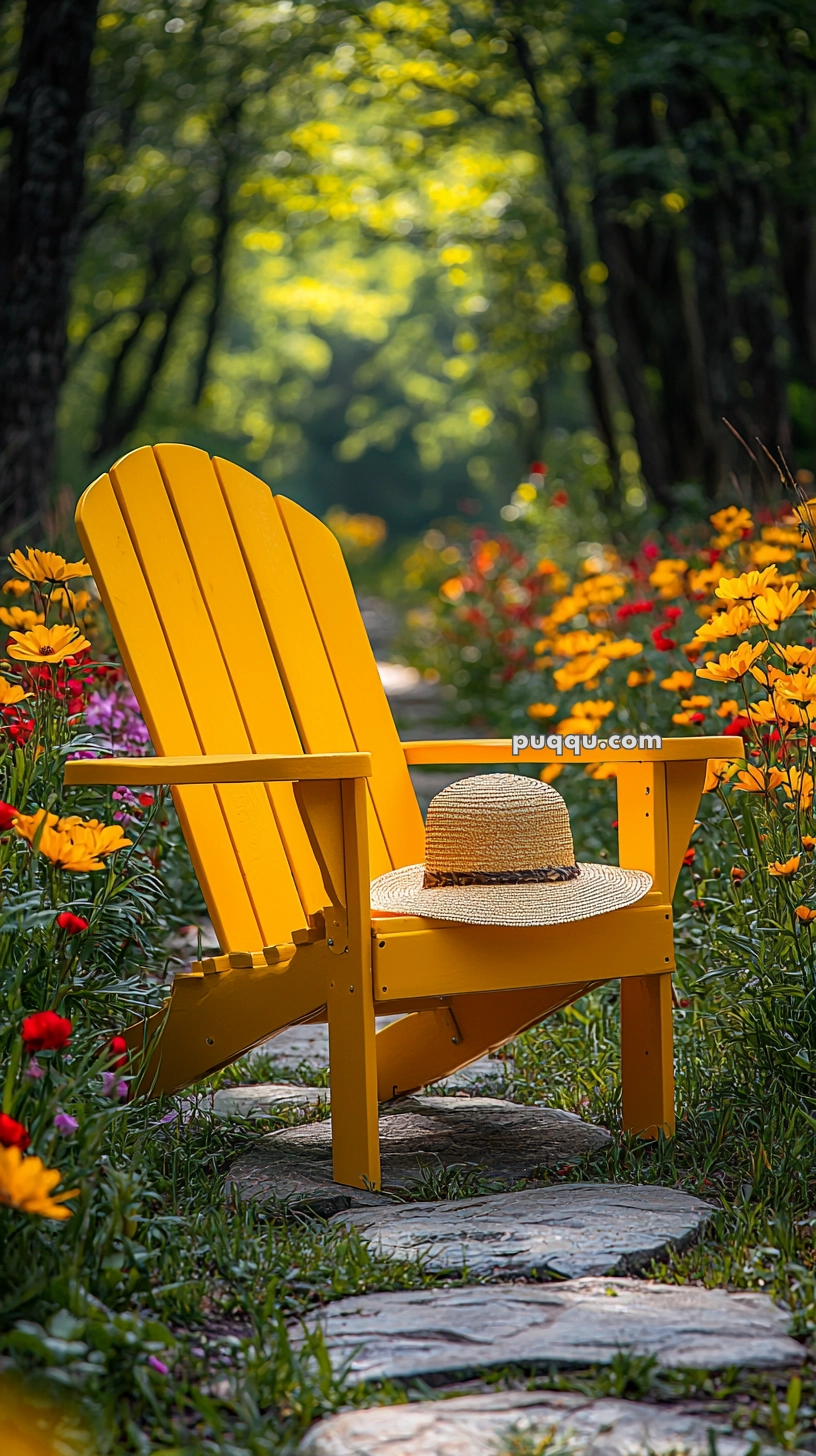 A yellow Adirondack chair with a woven straw hat resting on its seat, placed on a garden path lined with vibrant orange and red flowers, surrounded by lush greenery and trees.