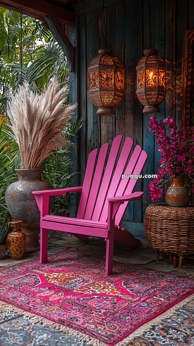 A vibrant outdoor seating area featuring a pink Adirondack chair on a colorful patterned rug, surrounded by decorative vases, pampas grass, and exotic lanterns mounted on a rustic wooden wall.