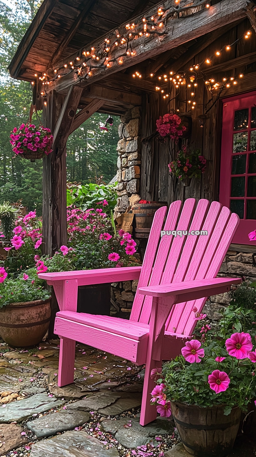 A wooden porch decorated with string lights and pink flowers, featuring a bright pink Adirondack chair and rustic wooden beams.