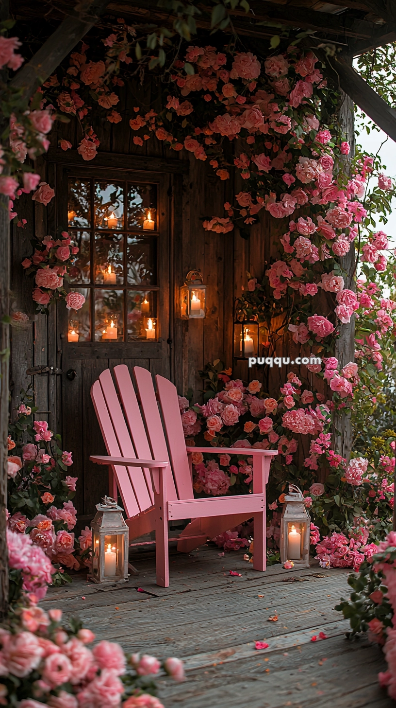 A cozy wooden porch adorned with abundant pink roses and featuring a pink Adirondack chair. Two lit lanterns are placed on the wooden floor, adding to the ambiance. Behind the chair, candles glow warmly through a rustic window, creating a serene, picturesque setting.
