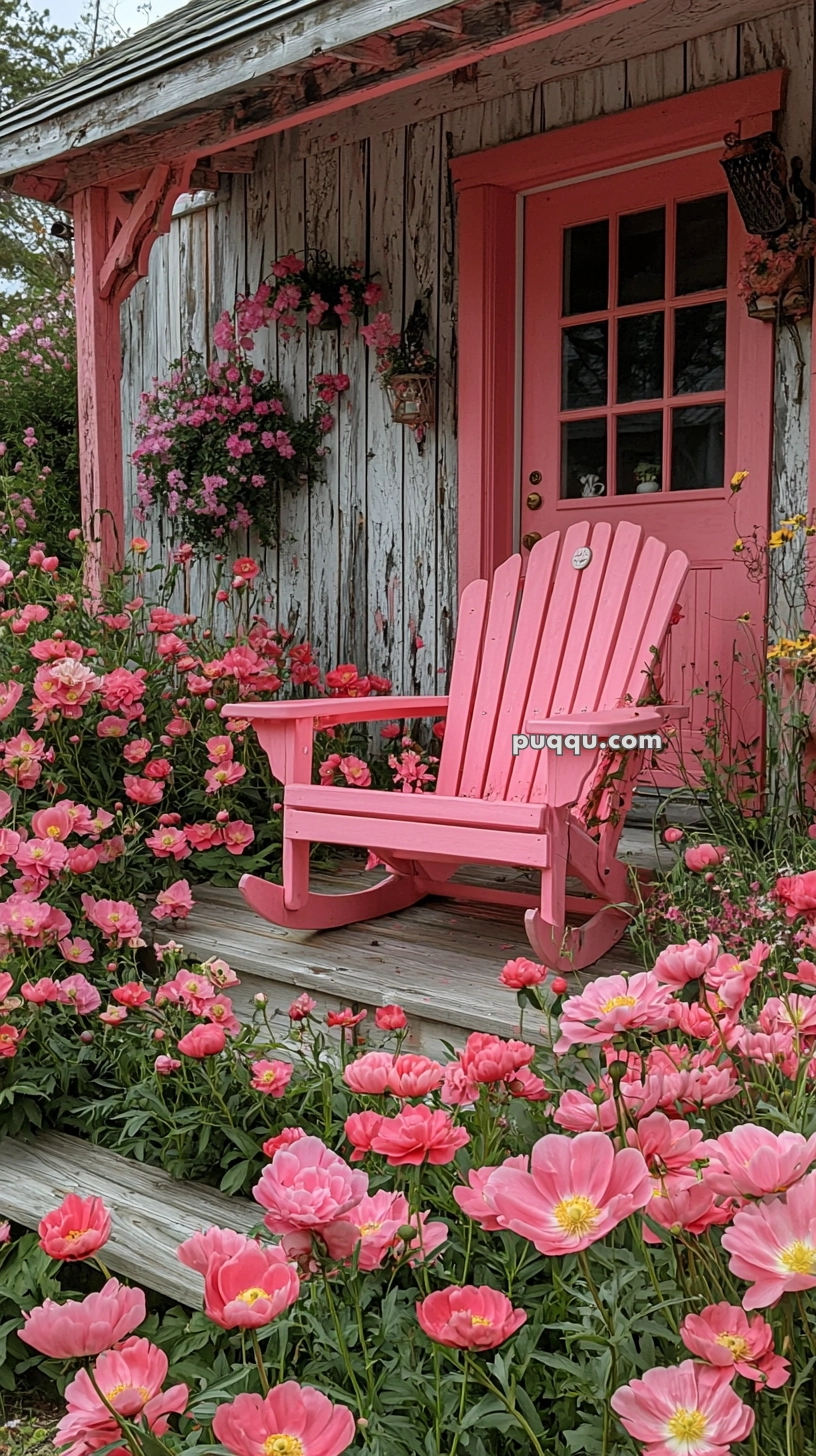 A rustic porch with weathered wooden siding, featuring a bright pink door and matching pink Adirondack chair surrounded by abundant pink flowers.