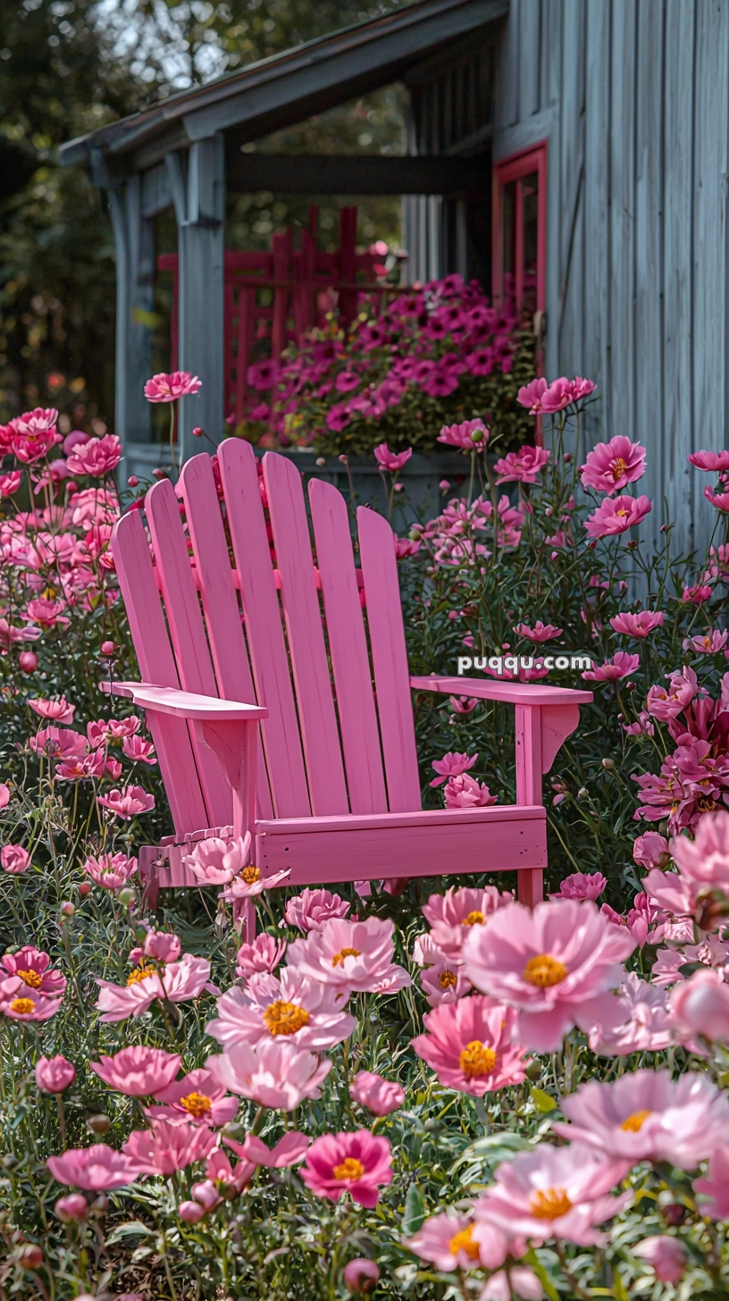 A pink Adirondack chair surrounded by blooming pink flowers, set in front of a building with pink trim.