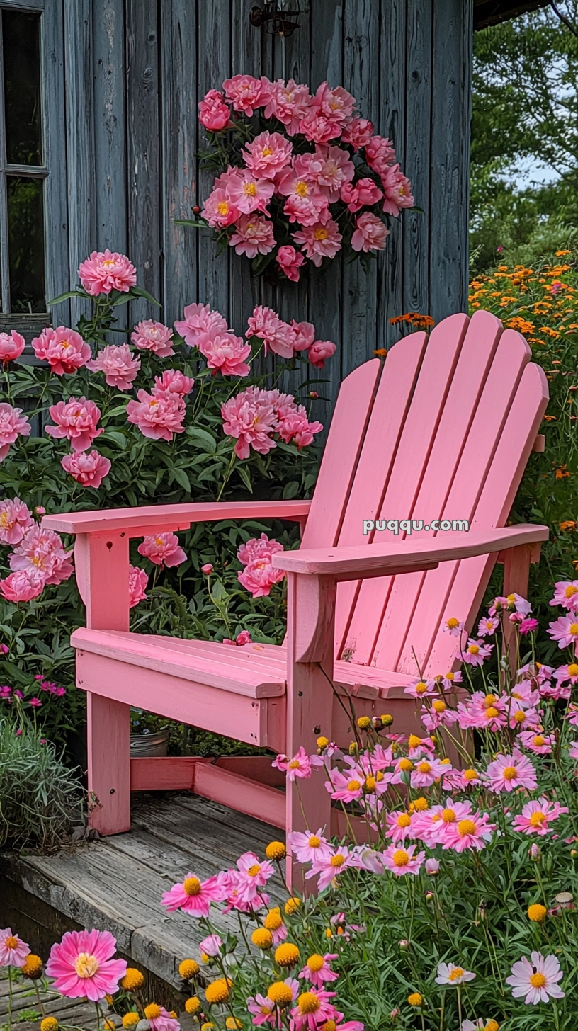 A pink wooden Adirondack chair is set amidst a vibrant flower garden with blooming pink peonies and yellow and pink daisies, next to a rustic blue wooden wall adorned with a wreath of pink flowers.