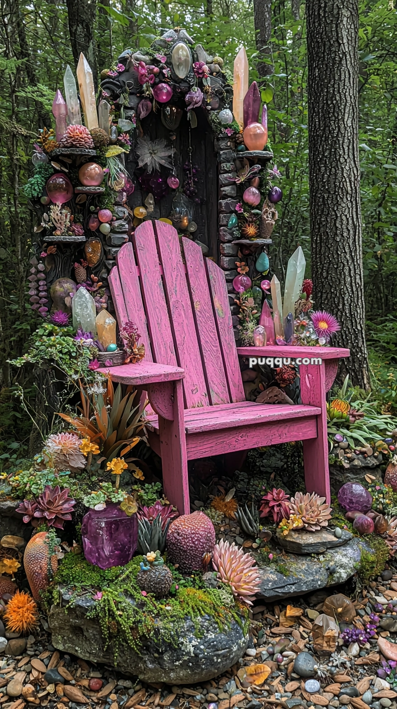A vibrant pink Adirondack chair surrounded by decorative stones, crystals, and colorful plants in a forest setting, creating a whimsical garden atmosphere.