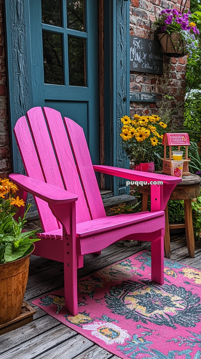 A vibrant pink Adirondack chair is placed on a floral-patterned rug in front of a teal door and brick wall. Surrounding the chair are potted plants with yellow and purple flowers, and a small table with a pink box beside it.