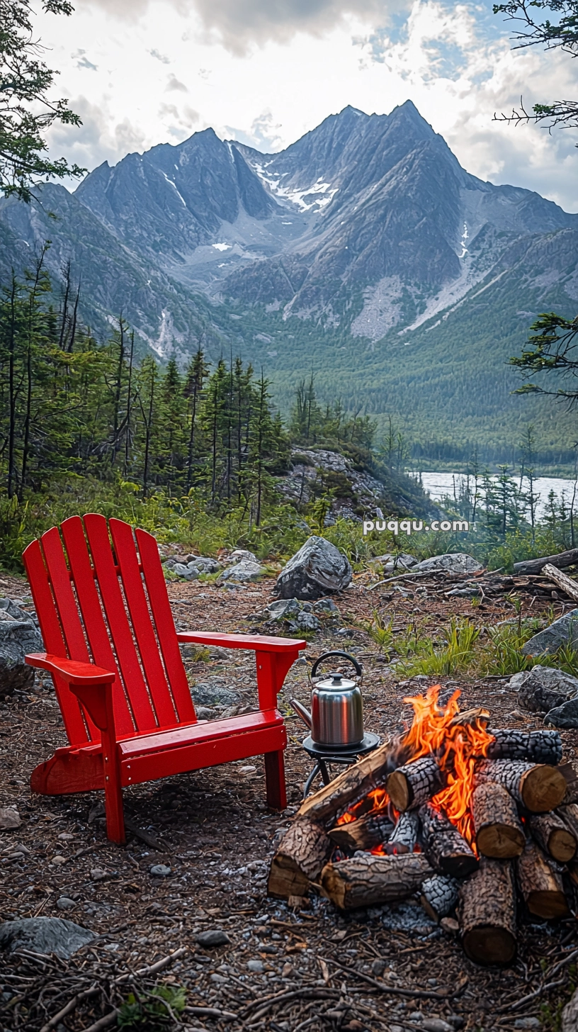 A scenic mountain backdrop with a red Adirondack chair placed beside a campfire and a kettle, surrounded by trees and rocky landscape.