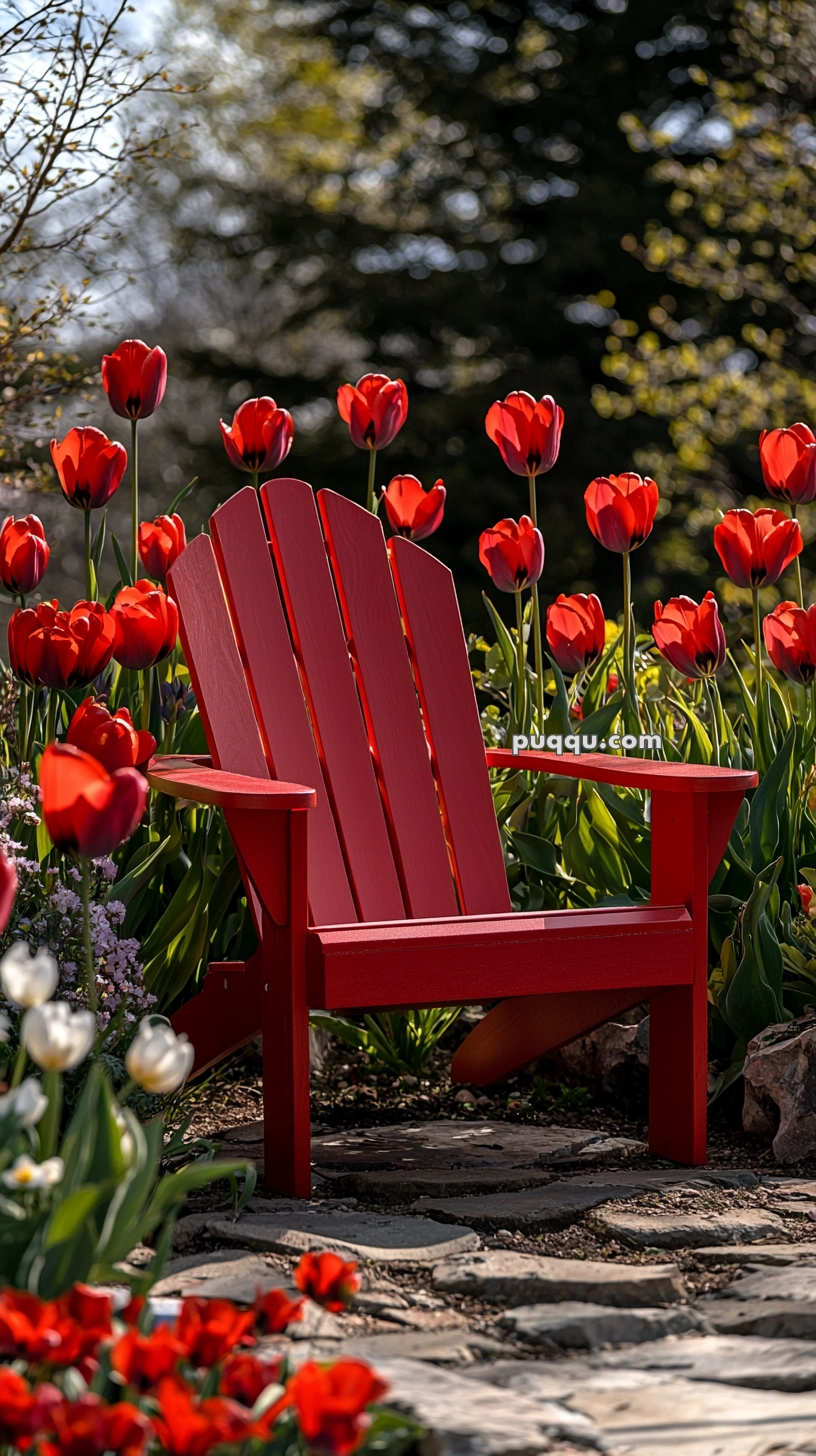 A red Adirondack chair surrounded by vibrant red tulips in a garden setting, with a stone pathway leading to the chair.