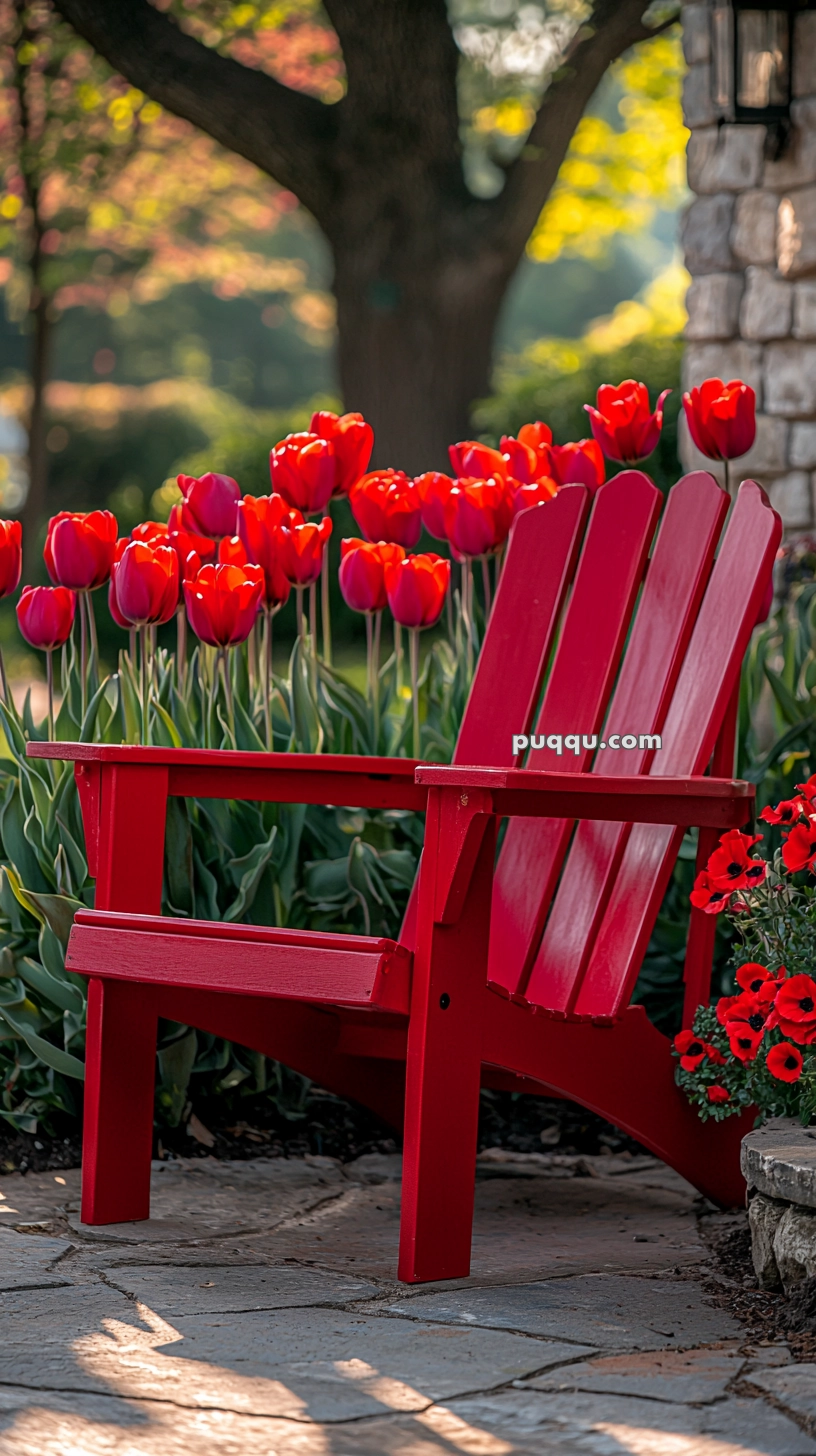 A vibrant red Adirondack chair on a stone patio surrounded by blooming red tulips and flowers, with a blurred background of green foliage and a tree trunk.