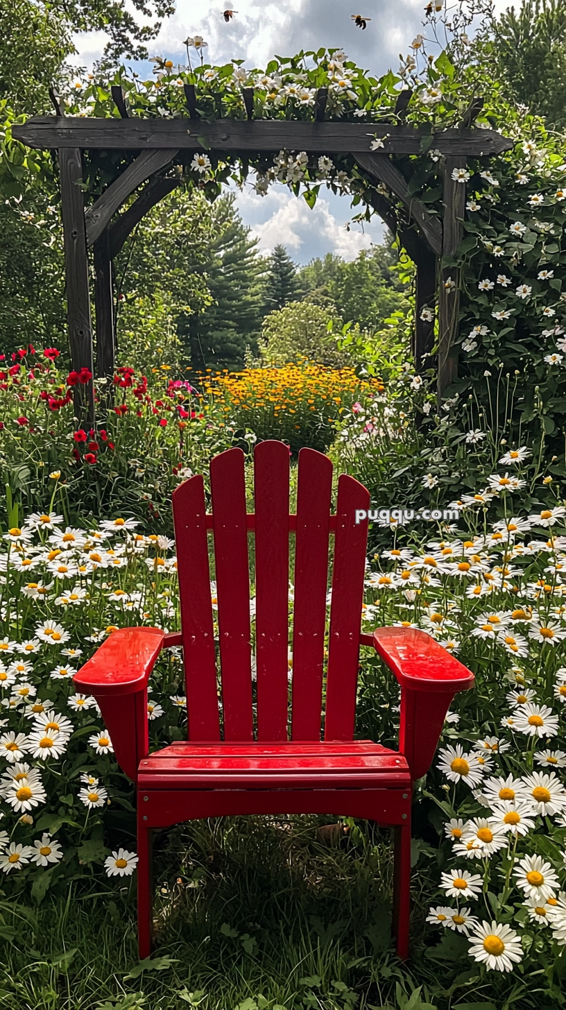 A vibrant garden scene featuring a red Adirondack chair surrounded by blooming daisies and wildflowers, with a wooden archway covered in white blossoms in the background.