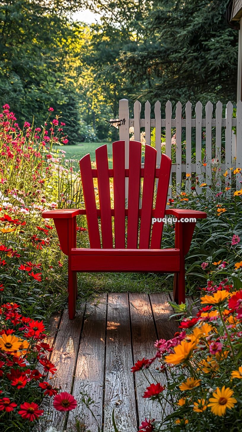 A red Adirondack chair is placed at the end of a wooden pathway, surrounded by colorful flowers in a garden setting. Behind the chair is a white picket fence and a lush, green landscape in the background.