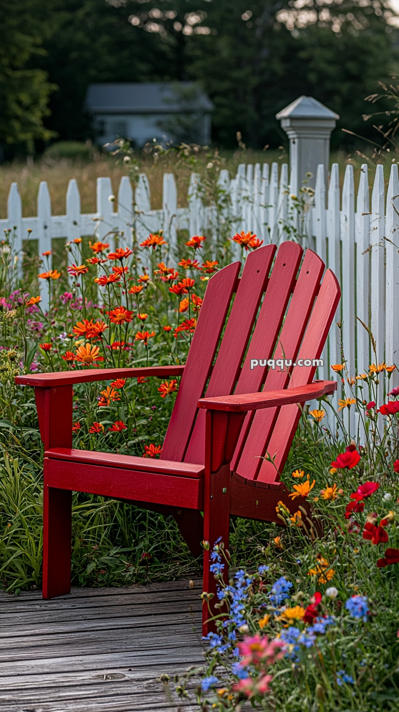 A red wooden Adirondack chair is placed on a wooden deck surrounded by vibrant wildflowers, with a white picket fence and greenery in the background.