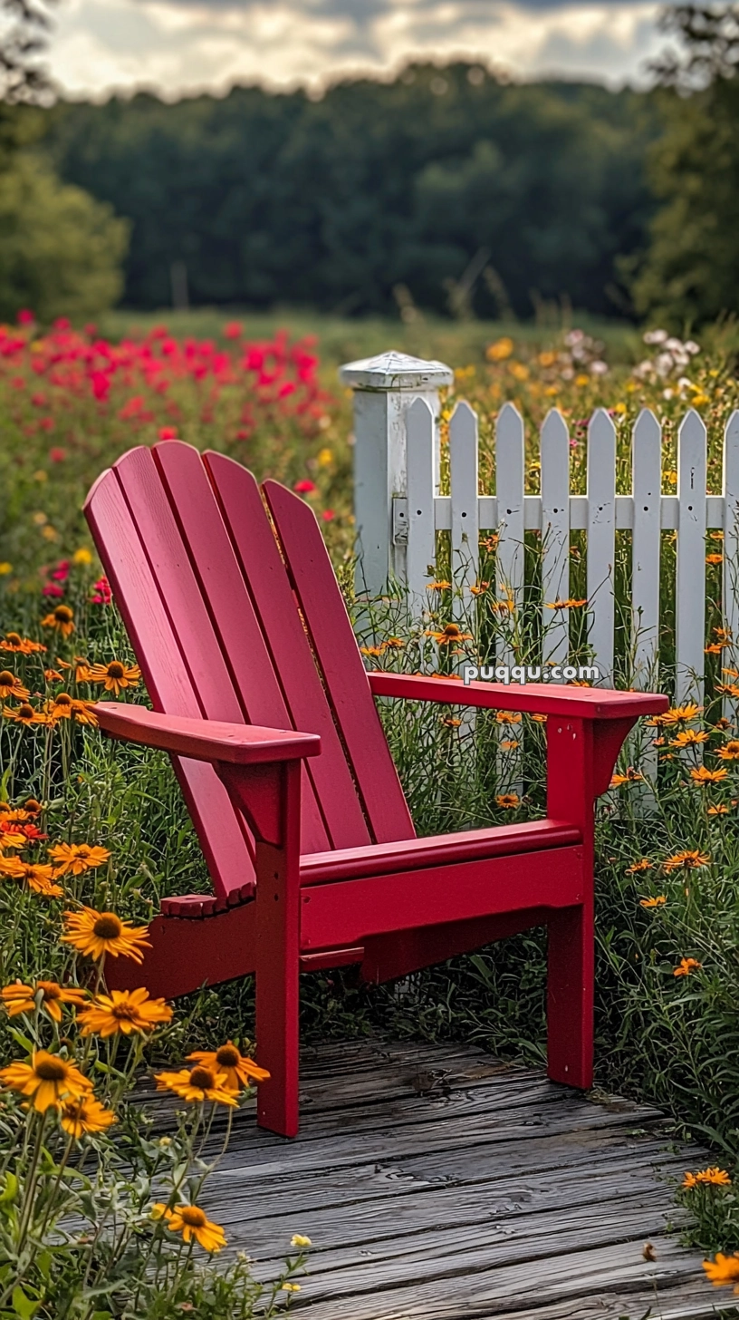 A vibrant red Adirondack chair on a wooden pathway surrounded by colorful flowers, with a white picket fence and a scenic landscape in the background.