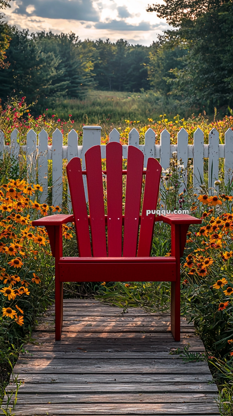 A red Adirondack chair is placed on a wooden path surrounded by vibrant yellow and orange flowers, in front of a white picket fence, with a lush green field and trees in the background under a partly cloudy sky.