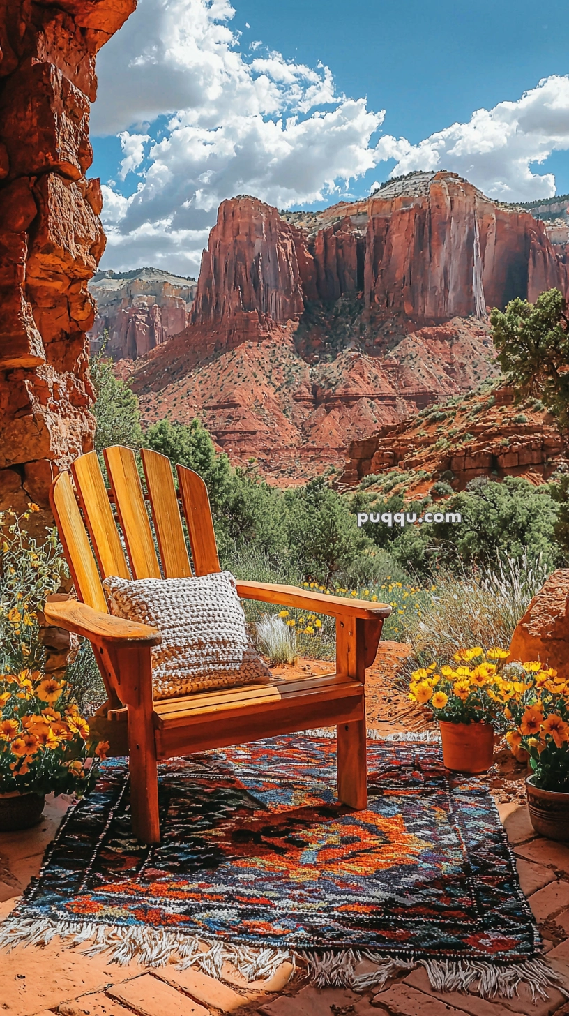 A wooden chair with a textured cushion sits on a colorful patterned rug, surrounded by pots of yellow flowers, overlooking a scenic view of red rock cliffs and a clear blue sky with fluffy white clouds.