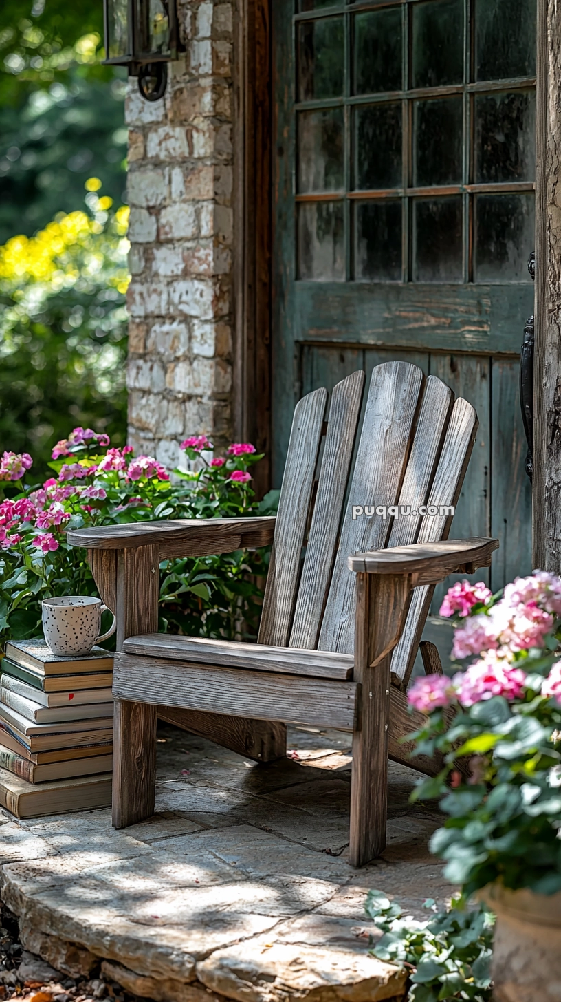 A wooden adirondack chair beside a stack of books and a mug, surrounded by pink flowers and set against a brick wall with a rustic door.
