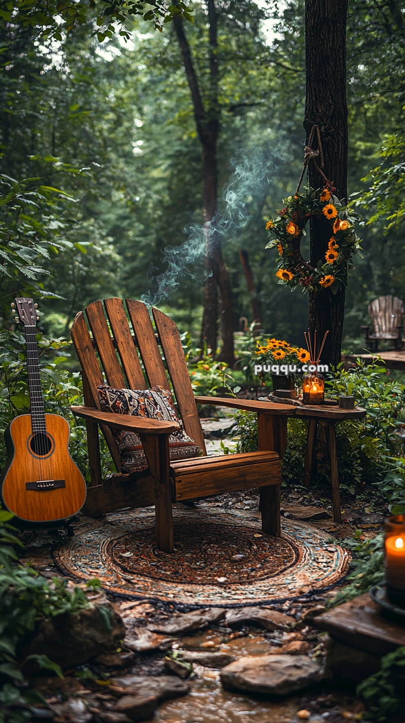 A cozy outdoor seating area featuring a wooden chair with a decorative pillow, surrounded by lush greenery in a forest setting. There's a guitar leaning against the chair, and a small table holds a candle and incense. A wreath with flowers hangs on a nearby tree.