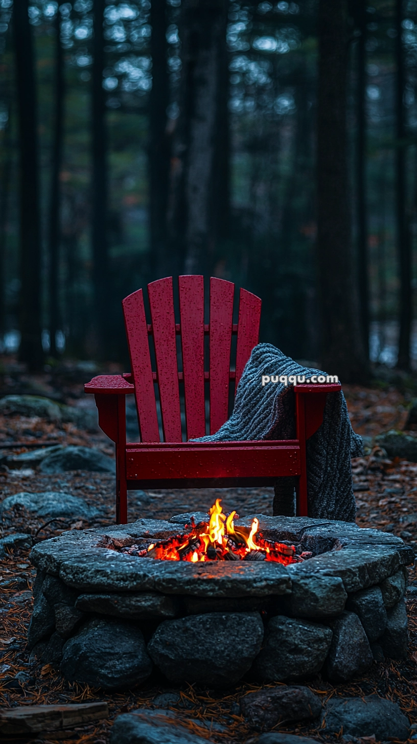 A red Adirondack chair with a gray knit blanket draped over it is positioned in front of a stone fire pit with a small fire burning, surrounded by a forest.
