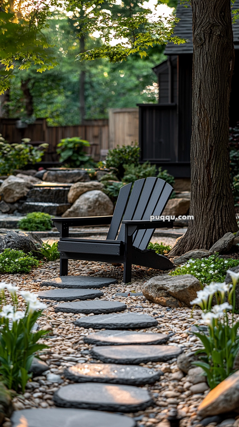 A tranquil garden setting featuring a black Adirondack chair placed beside a tree. The scene includes a stone pathway bordered by white flowers and greenery, leading to a background of rocks and wooden fencing. The sunlight filters softly through the leaves above, creating a peaceful atmosphere.