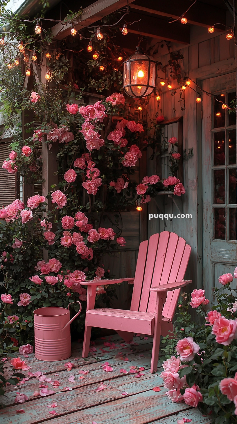 A cozy porch scene with a pink wooden chair, pink roses climbing a trellis, a pink watering can, and string lights hanging above, creating a warm and inviting atmosphere.