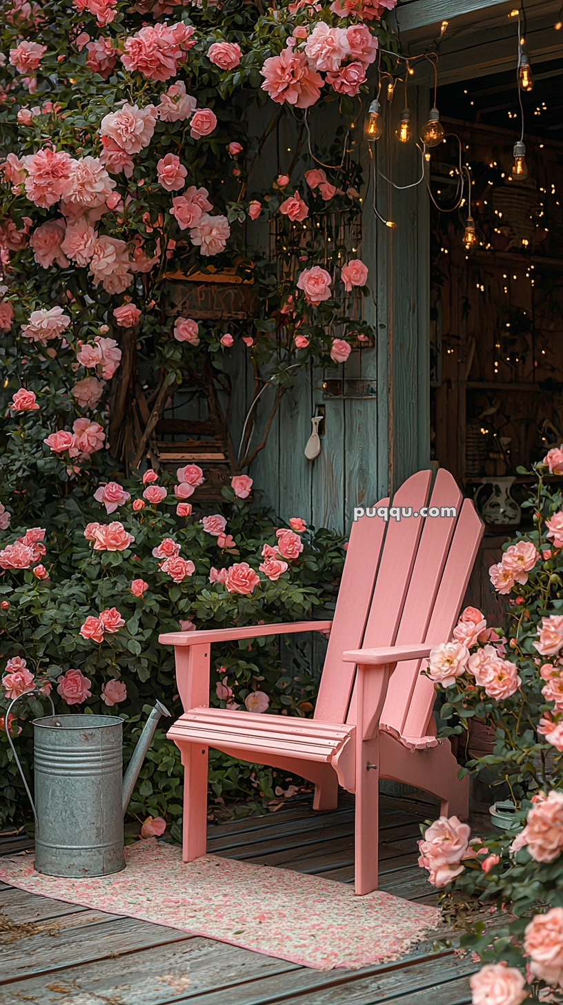 A pink wooden chair on a wooden deck surrounded by climbing pink roses and string lights, with a metal watering can on a floral rug nearby.
